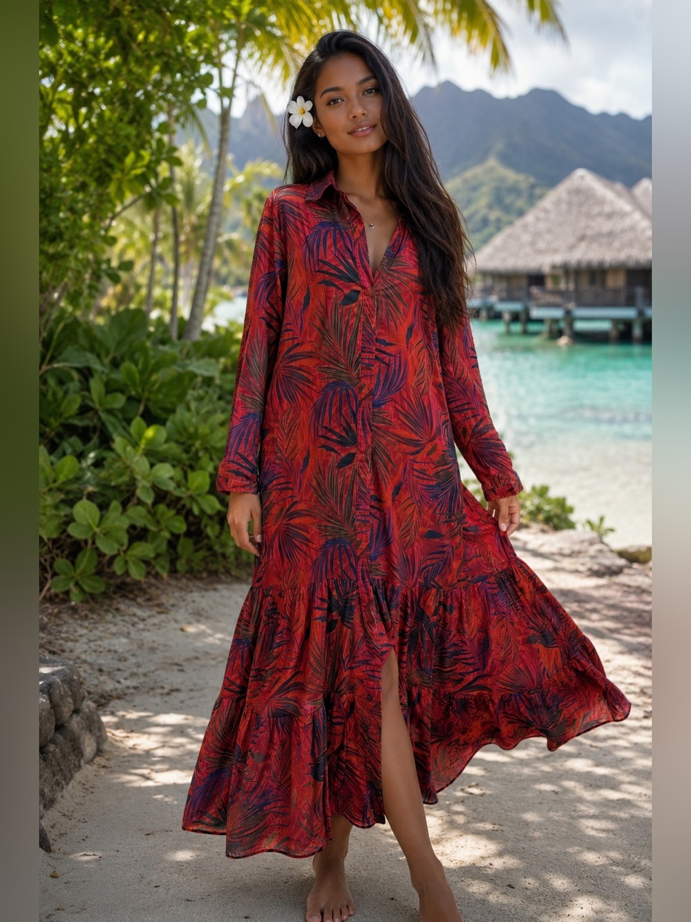 TEX Tahiti Tiered Tropical Palm Tree Midi Shirt Dress Small Red
